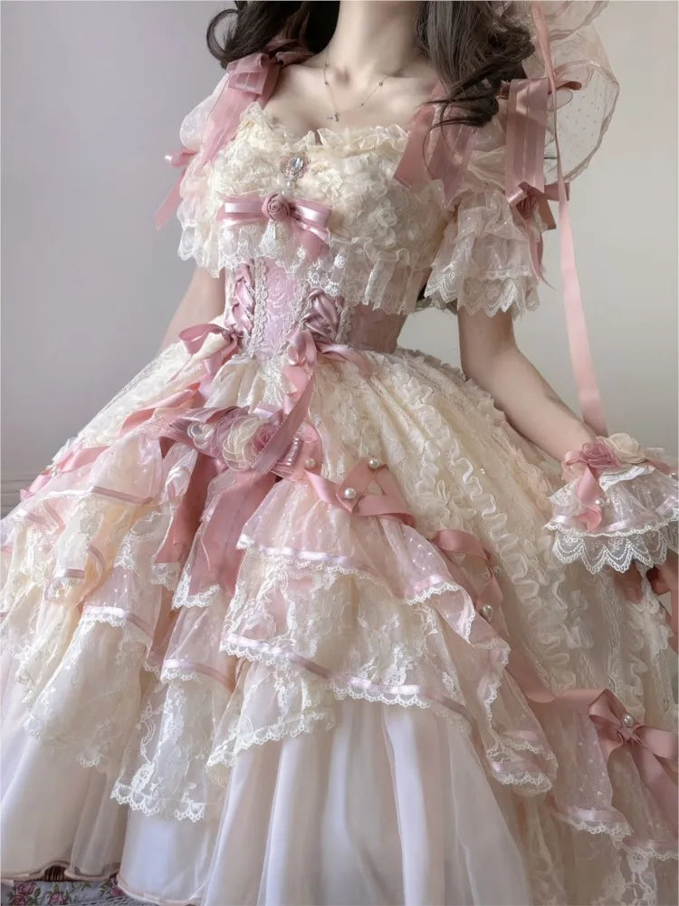 A wedding dress with shorter front and longer back for student's birthday coming-of-age ceremony