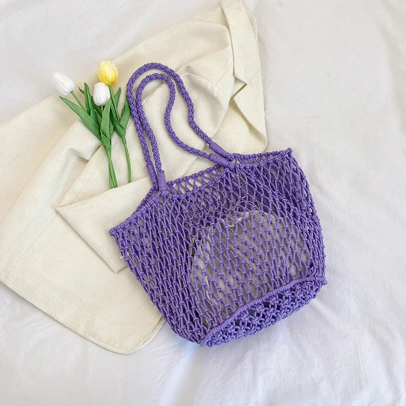 9 Colors Summer Woven Bag For Women Large Capacity Beach Bag Toy Storage Handbag Designer Hollow Out Shoulder Bag 2 Set Tote