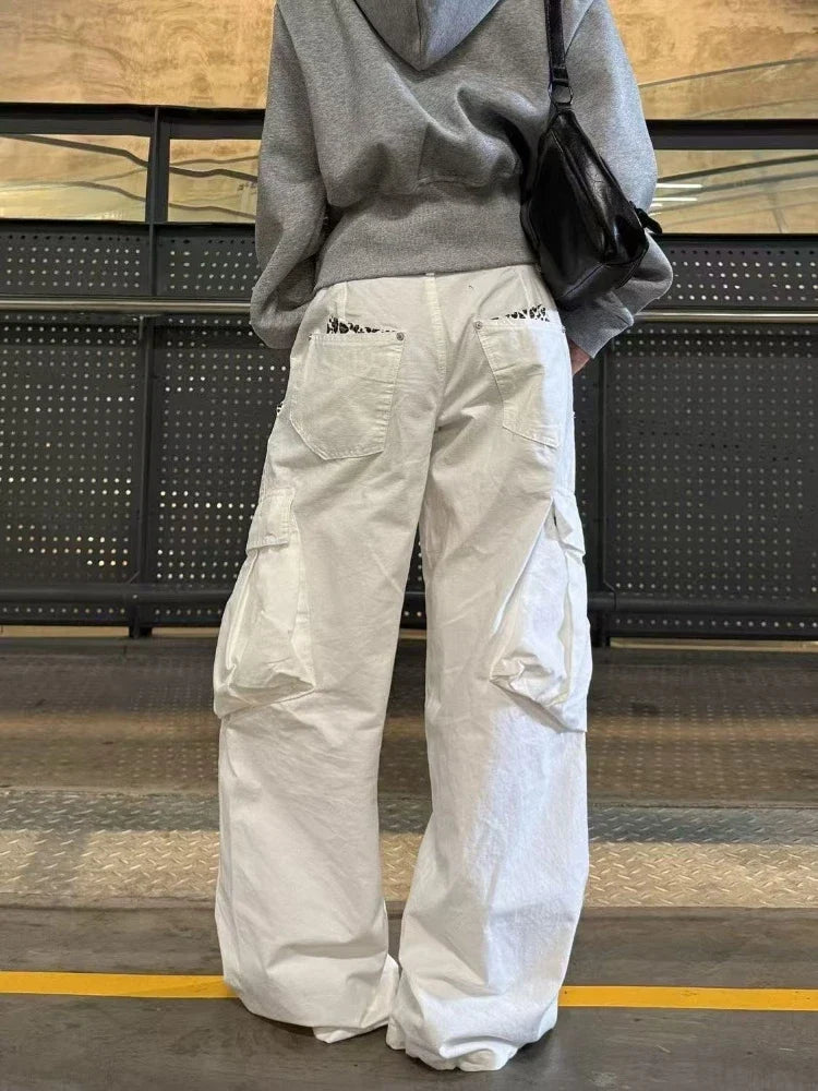 Vintage Chic American Vintage Trousers Pocket Design Leopard Print Button Long Denim Pants 2000s Casual Loose Straight Leg Pants