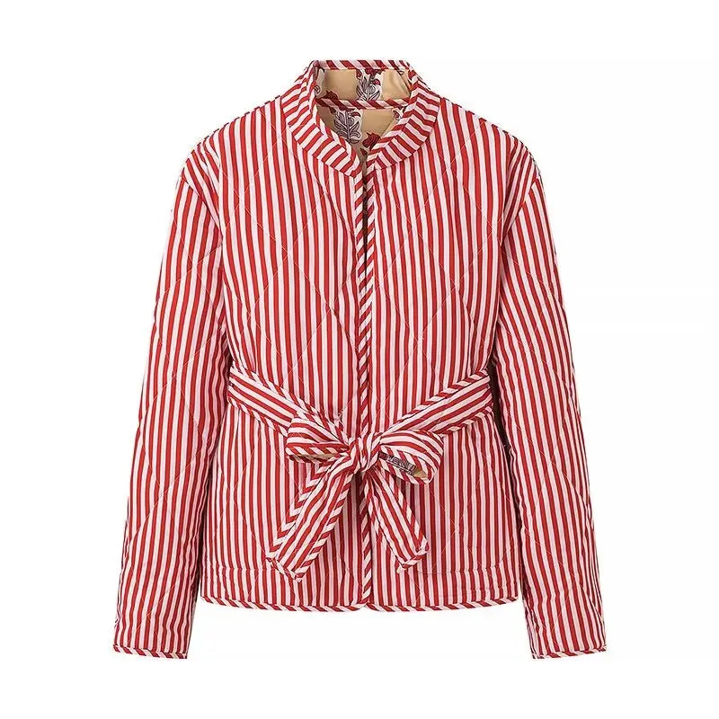 Autumn Winter Totem Flower Striped Print Tie Bow Sashes Quilted Reversible Coat Women Quilting Full Sleeve Loose Jacket