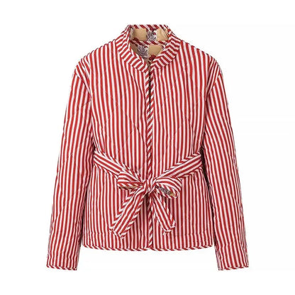 Autumn Winter Totem Flower Striped Print Tie Bow Sashes Quilted Reversible Coat Women Quilting Full Sleeve Loose Jacket
