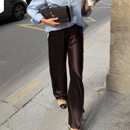 New straight leg pants with satin finish, high waisted and drooping casual pants