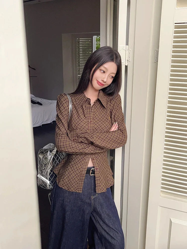Vintage Plaid Shirt Women Brown Embroidered Waistband Tied Blouse Puff Sleeve Tops Spring Slim Button Up Clothes Chic