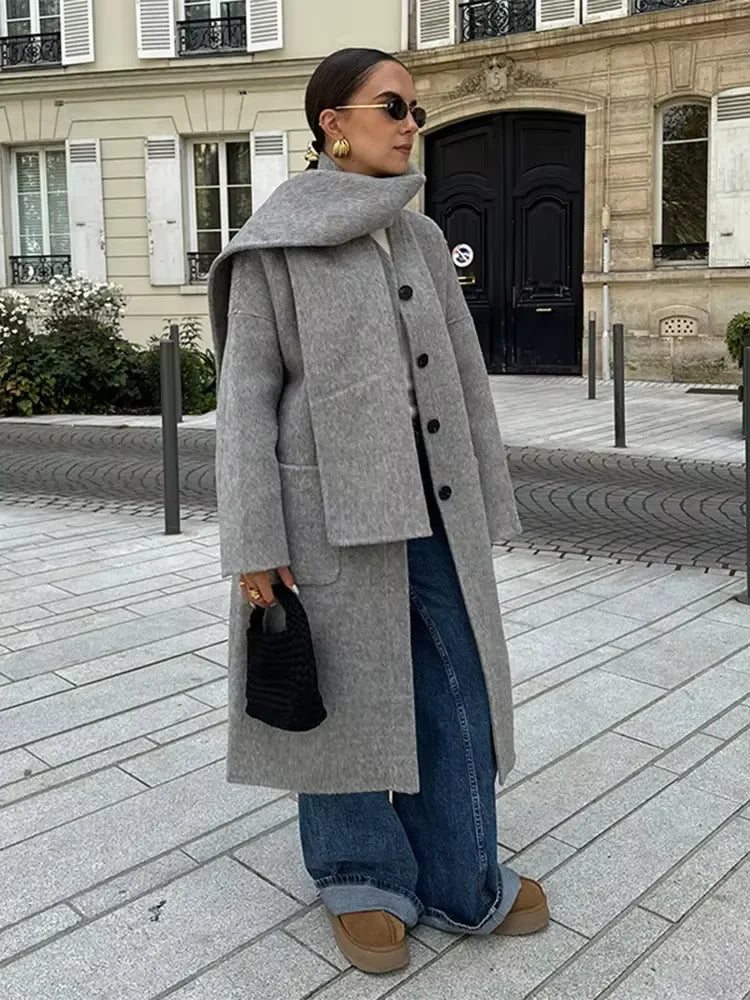 Elegant Autumn Winter Women Scarf Wool Overcoat Fashion Long Sleeve Solid Single Breasted Lady Coats New Daily Chic Outwear
