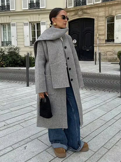 Elegant Autumn Winter Women Scarf Wool Overcoat Fashion Long Sleeve Solid Single Breasted Lady Coats New Daily Chic Outwear