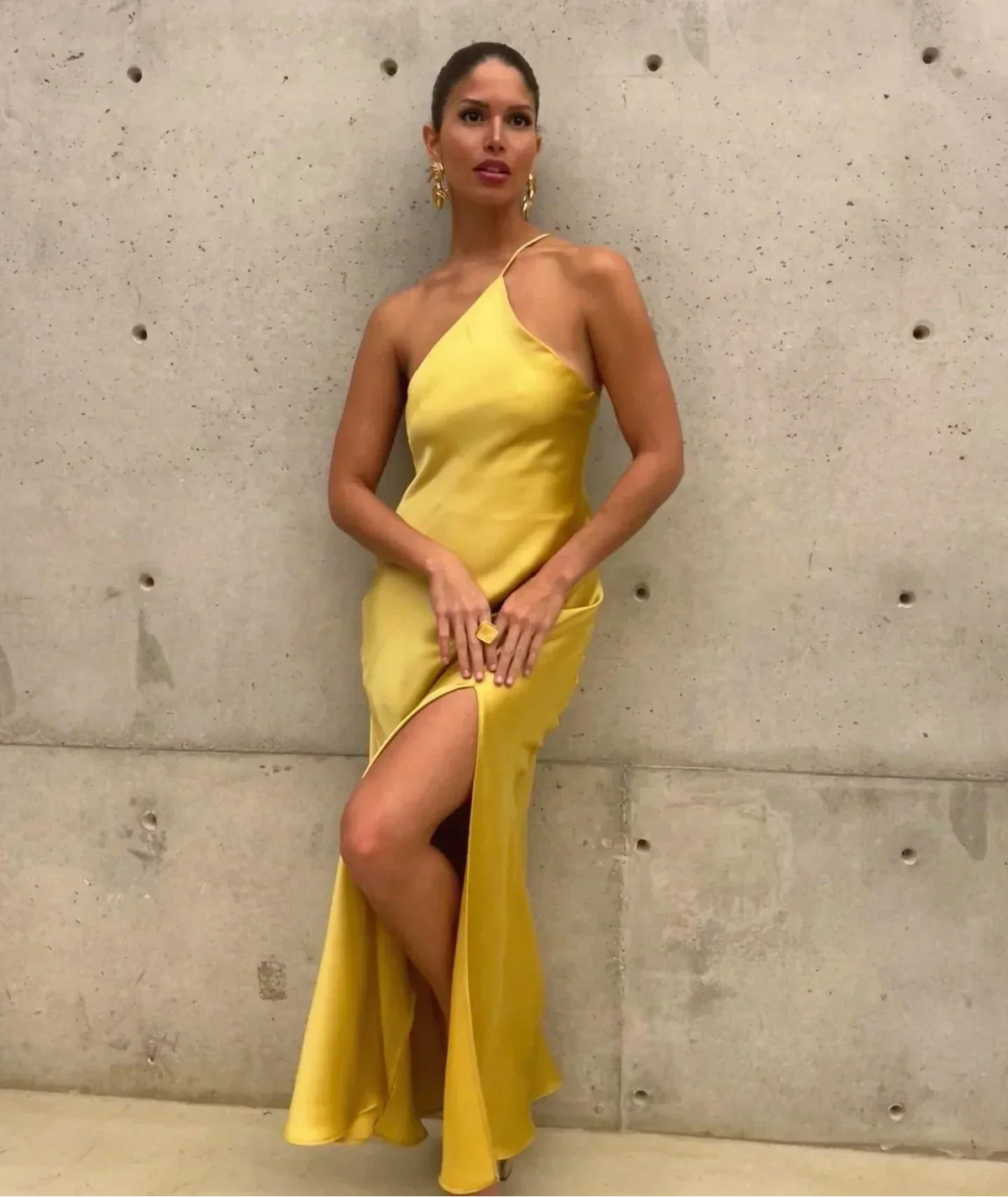 Asymmetric Strap Backless Slit Satin Maxi Dress