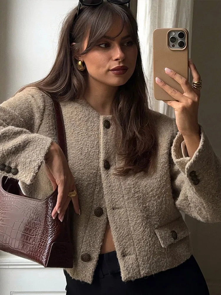 Retro Single-Breasted Short Tweed Coats Women Elegant Slim Fit Solid O-neck Pockets Jackets Autumn Casual Chic Street Outwear