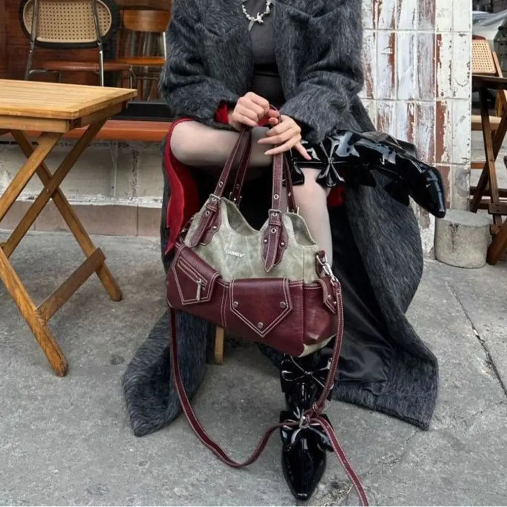 Women's Fashion PU Leather Shoulder Bag Large Capacity Crossed Color Cowboy Backpack Multifunctional Underarm Bag Casual Outing