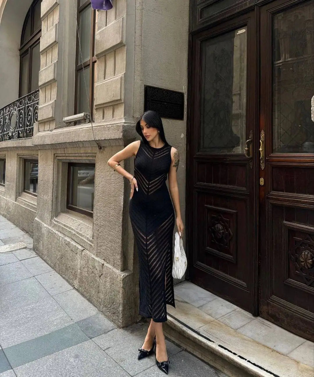 Chevron Mesh Panel Crew Neck Sleeveless Side Slit Knit Maxi Dress