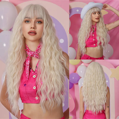 Ombre Blonde Wig with Bangs Long Wavy Wig for Women Highlight Platinum Curly Synthetic Wig Cosplay Party Daily Heat Resistant