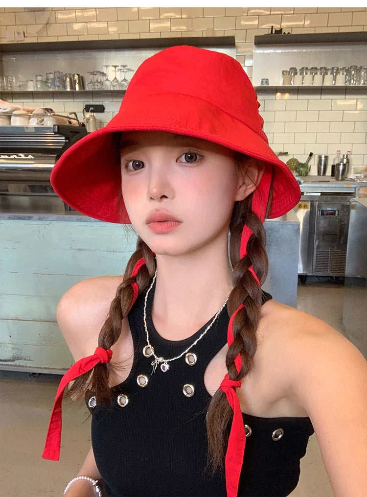 Korean Retro Red Strap Bucket Hats Summer Travel Versatile Sunscreen Show Face Small Sweet Beautiful Women's Caps