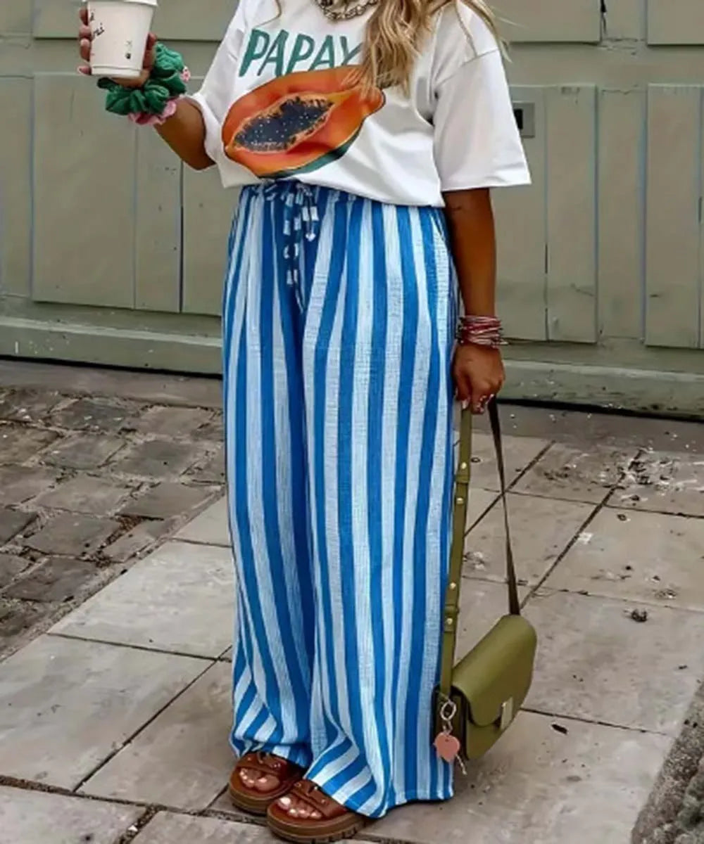 Spring Summer Women's Casual Loose Color Block Striped Print Straight Leg Pants Trousers