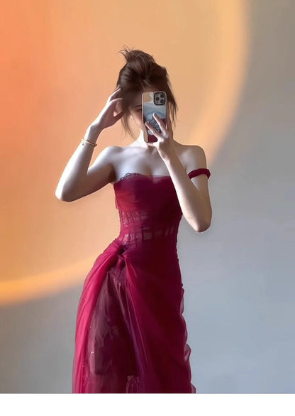 Women Vintage Red Sexy Strapless Sleeveless Lace Mesh Maxi Dress Elegant Christmas Evening Slim Long Dress Vestidos