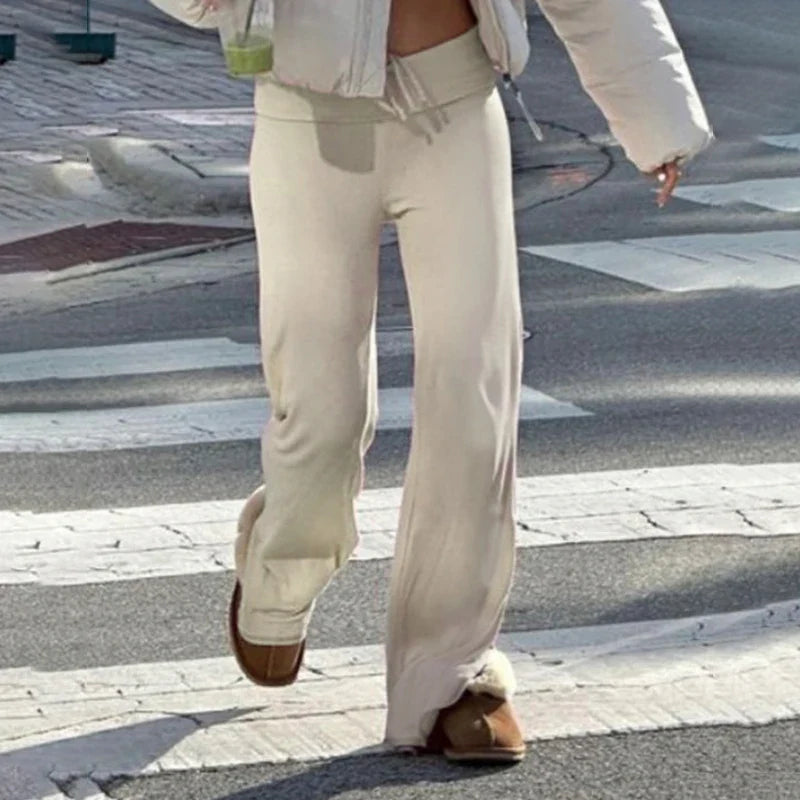 Drawstring Solid Women Slacks Turndown Waist Straight Casual Pants Concise Knitted Sweatpants All-matched Trousers Home