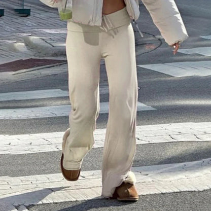 Drawstring Solid Women Slacks Turndown Waist Straight Casual Pants Concise Knitted Sweatpants All-matched Trousers Home
