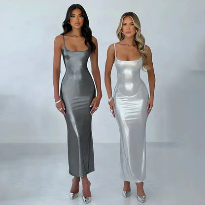Spaghetti Strap Square Neck Foil Finish Bodycon Maxi Dress