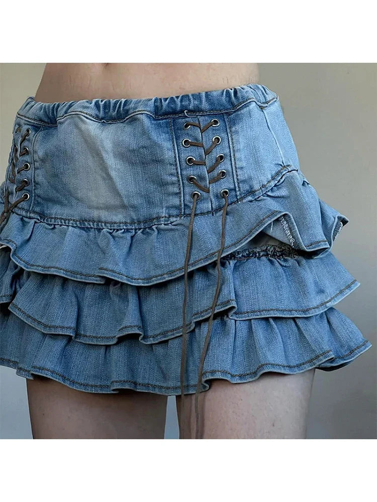 Summer Women Korean Low Rise Gothic Mini Denim Tierred Ruffles Skirt Gyaru Harajuku 2000s Coquette Y2k Streetwear Kpop Chic Goth