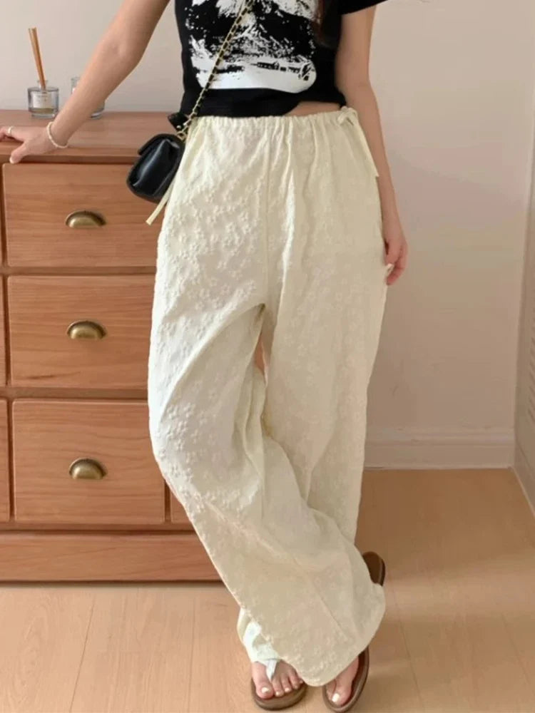 Casual South Korea Chic Spring Design Lace Up Bow High Waist Versatile Jacquard Casual Straight Pants Trousers Women