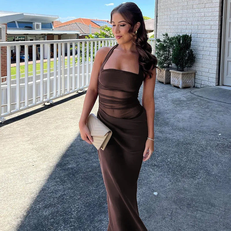 Halter Mesh Ruched Midriff Wrap Panel Bodycon Maxi Gown