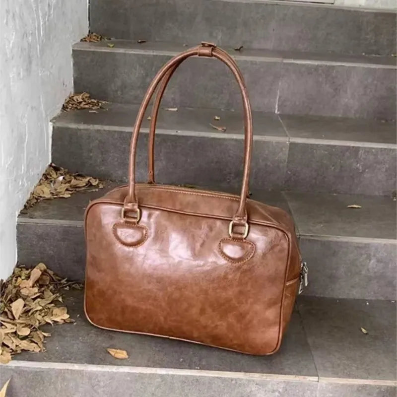 Japanese Retro Brown Tote Bag Women Ladies Waxed Leather Large Capacity Handbag Ladies Preppy Style Commuter Simple Shoulder Bag