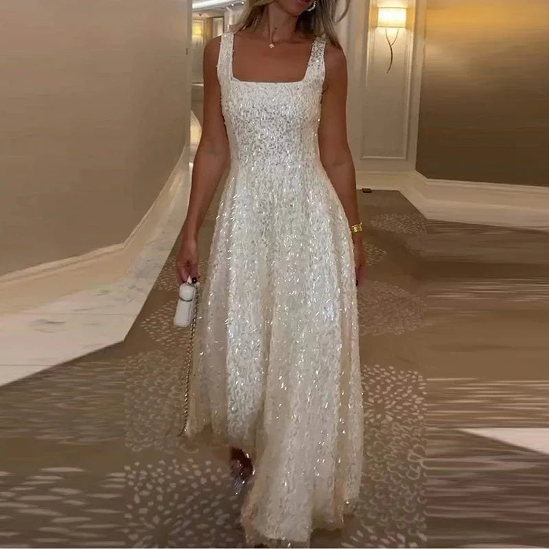 Fashion Temperament Sleeveless Evening Dresses Elegant Party High Waisted Pleated Dress Shiny Sequins Mesh Halter Long Dresses