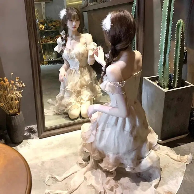 Irregular Romantic Dress Halter Floral Figure Flattering Puffy