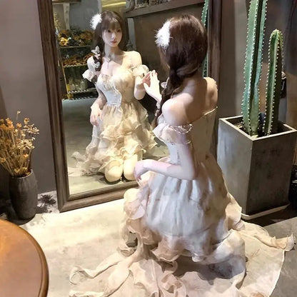 Irregular Romantic Dress Halter Floral Figure Flattering Puffy