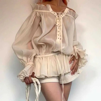 Boho Inspired off shoulder long sleeve blouse women ruffled neckline tie up front sexy women tops new summer tops women clothing