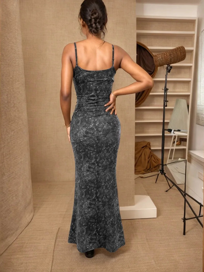 Black Print Sleeveless Long Dress 2024 Woman Clothes Elegant Spaghetti Strap Backless High Waist Bodycon Holiday Party Dresses