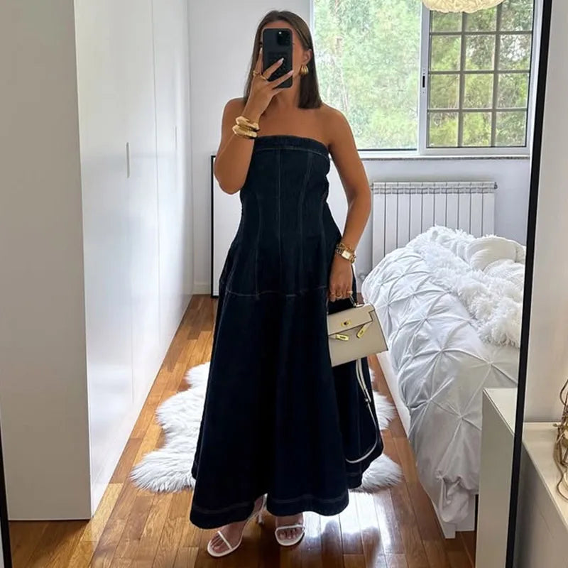 Vintage Denim Vest Skirt Women Outfit Elegant Slash Neck Tank Top Pleated Zippers Mid Skirts Summer Fashion Lady Set