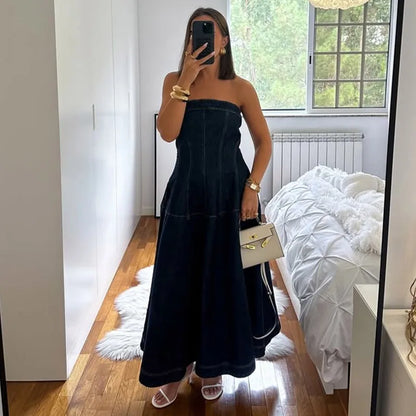 Vintage Denim Vest Skirt Women Outfit Elegant Slash Neck Tank Top Pleated Zippers Mid Skirts Summer Fashion Lady Set