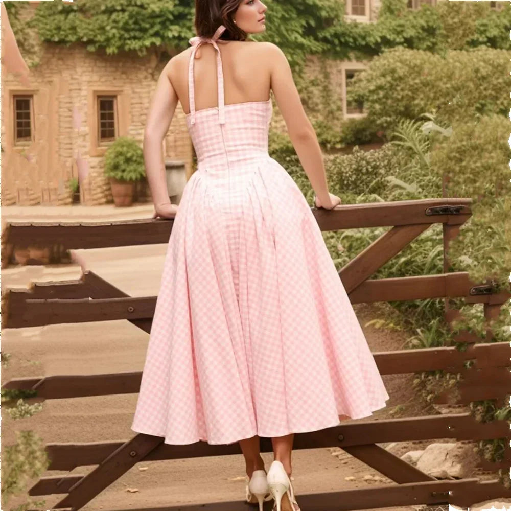 Gingham Print Halter V Neck Pleated Flare Midi Dress