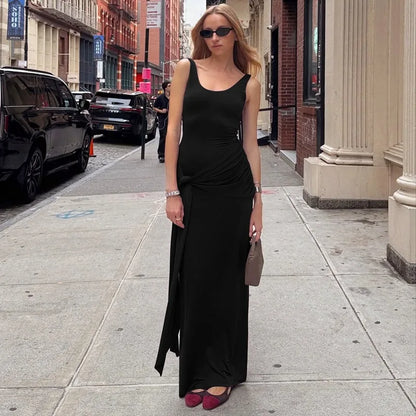 Elegant U-Neck Sleeveless Bodycon Long Dress Women's Solid Color Ribbon Tie-up Ruched Slim Maxi Dress for Date Night Party