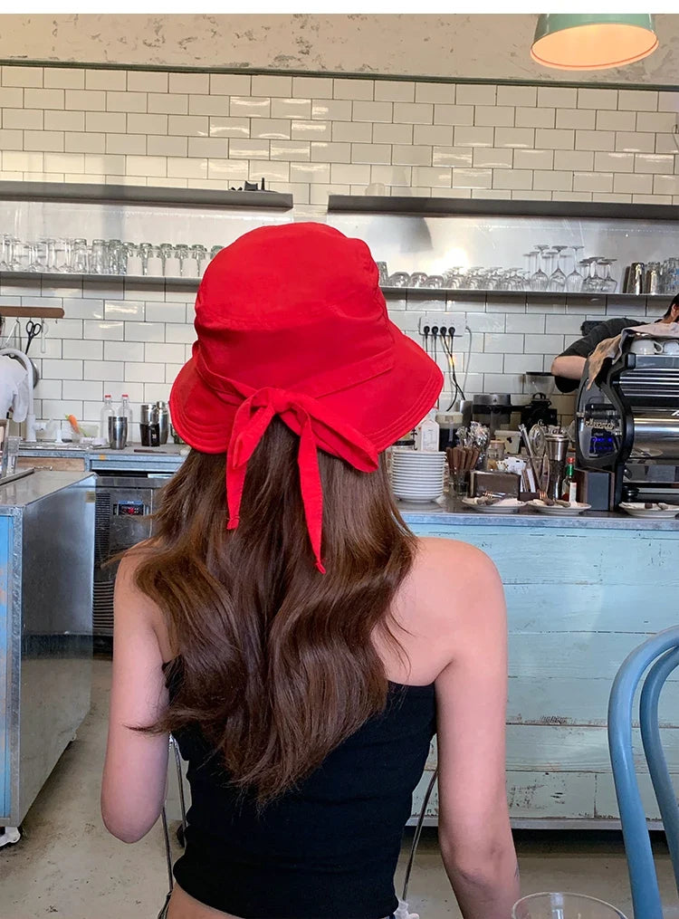 Korean Retro Red Strap Bucket Hats Summer Travel Versatile Sunscreen Show Face Small Sweet Beautiful Women's Caps