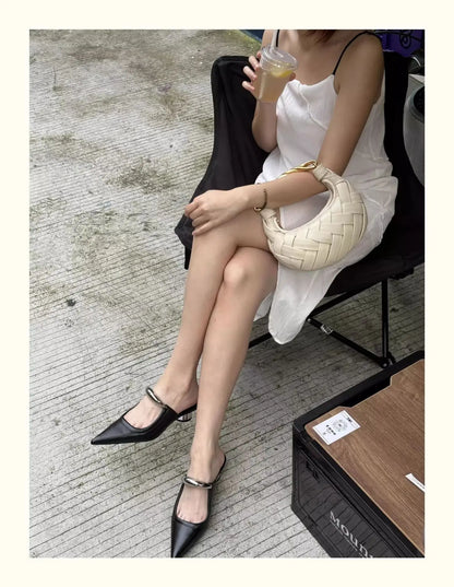 Brand New for Dropship Slip On Pointy Toe Mules Sandals Elegant Mid Heels Comfort Walking Summer Slides Mules Shoes