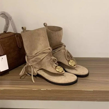 Retro Summer Women Sandals Open Toe Tassel Design Suede Flat Roman Sandals Soft Lightweight Ladies Western Boots
