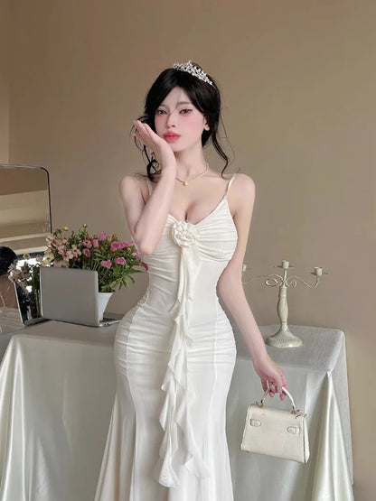 Women Dresses Sleeveless V Neck Ruffles Slim Elegant Backless Ruffles Ribbon Temperament Elegant Dress Sexy Ladies