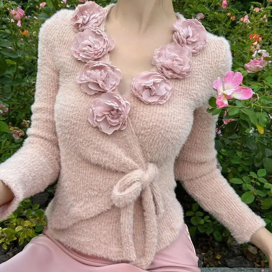 Pullover 3D Flowers French Vintage Slim Women Korean Long Sleeve Elegant Tops Female Retro Knitted Chic Fairy Clothing
