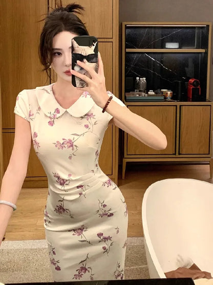 Woman Dress Sexy Peter Pan Collar Floral Printed Slim Vintage Elegant Summer Fashion Temperament Party Dresses Female