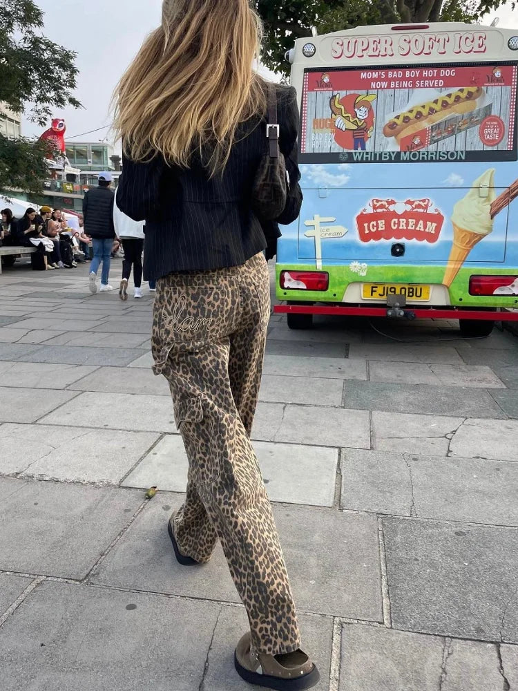 Fashion Leopard Printed Long Pants Women 2024 Spring Summer Slim Pocket High-waist Casual Straight-pants Female Commuter Clothes