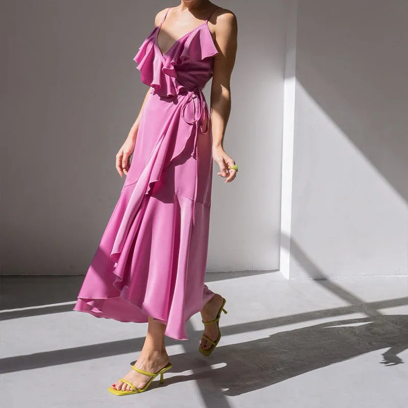 Chic Female Strap Draped Long Dress 2024 Elegant Ruffle Split Swing Party Dress Women New Solid Lace-up French Style Dresses