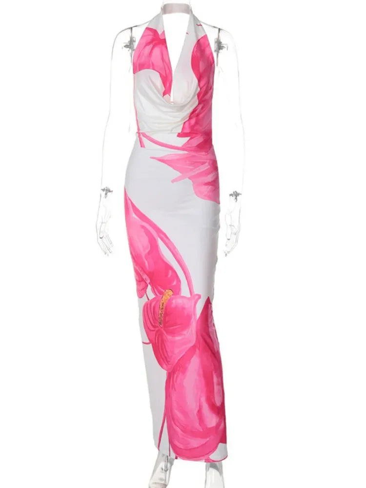 Deep V Neck Floral Print Maxi Dress Women Fashion Tie Dye Halter Sleeveless Backless Bodycon Sexy Long Dress Elegant