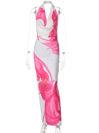 Deep V Neck Floral Print Maxi Dress Women Fashion Tie Dye Halter Sleeveless Backless Bodycon Sexy Long Dress Elegant