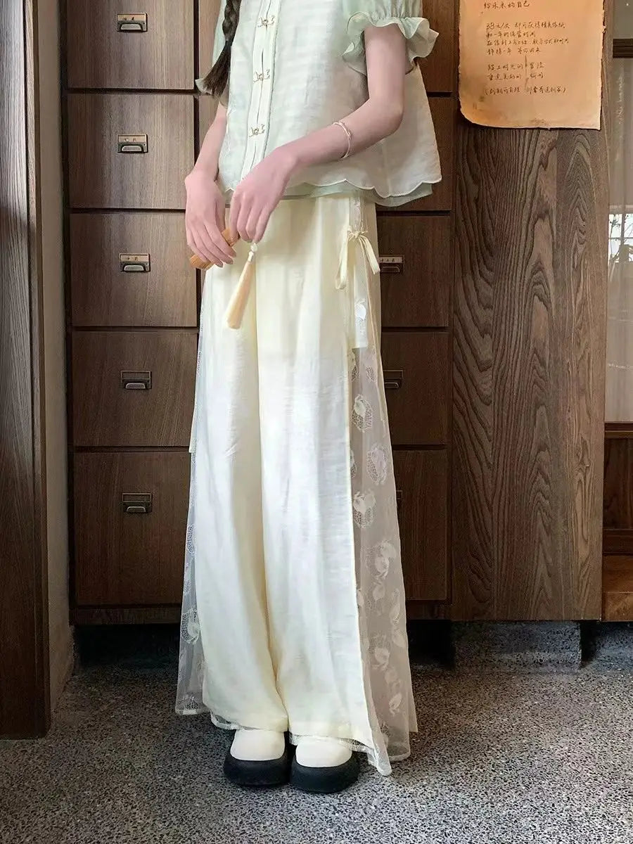 Cream Patched Lace Wide Leg Pants Cat Embroidered Chinese Style Sweet Short Sleeve Blouses Summer Two Piece Set Women Outfits