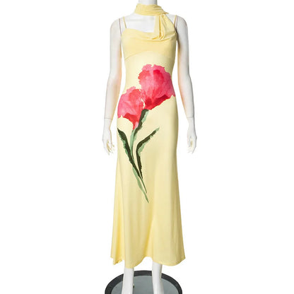Cowl Neck Asymmetrical Strap Large Floral Graphic Spaghetti Strap Maxi Dress