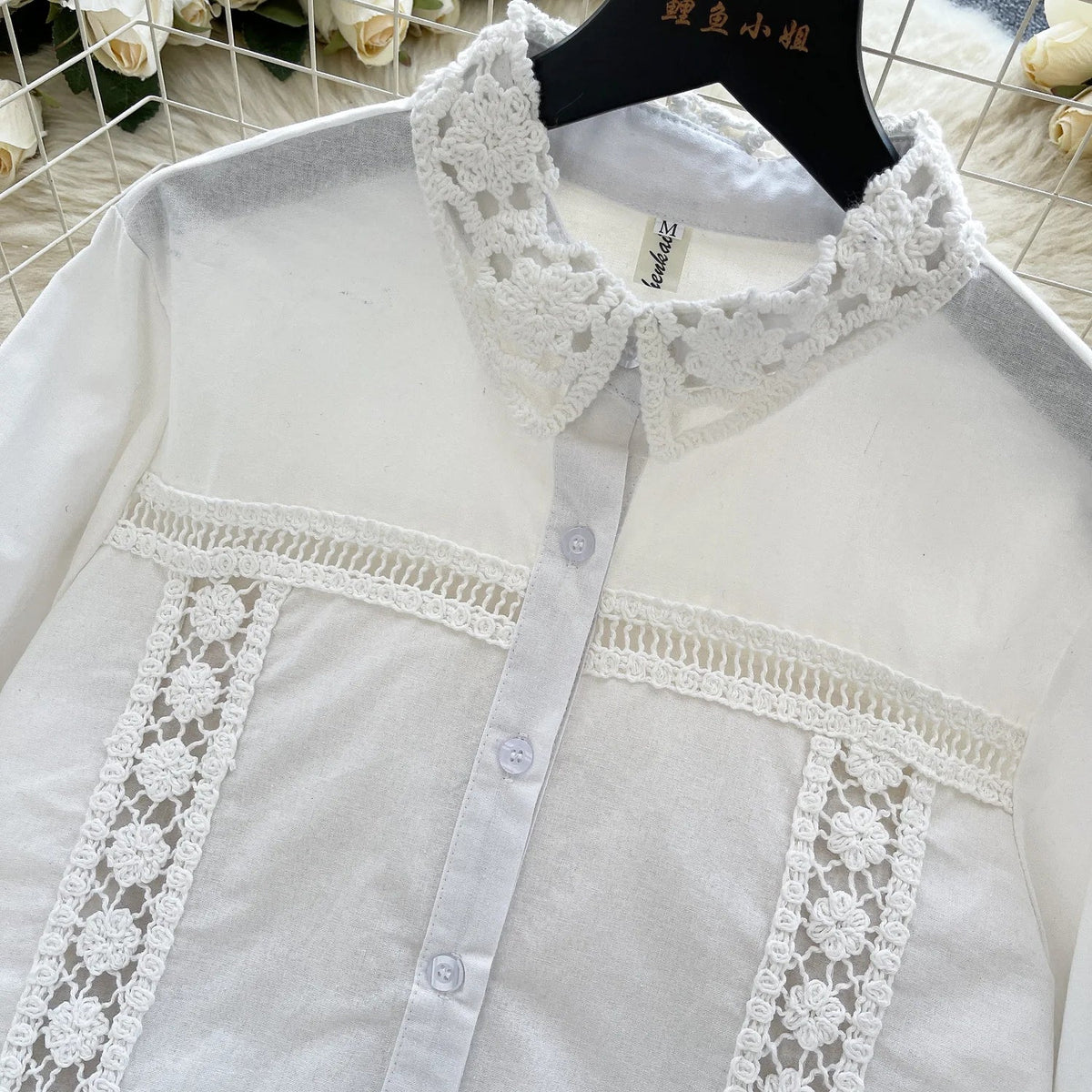 Crochet Patchwork Shorts Sets Women Single Breasted Lapel Collar Long Sleeve Blouse Summer Casual Fashion White Two-piece Set
