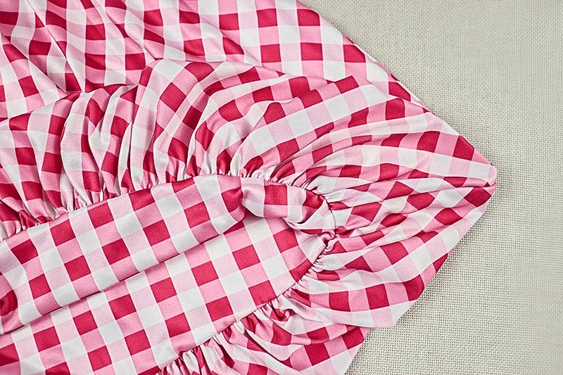 Cute Pink Checkered Mini Dress Square Neck Sleeveless Slim Waist Ruched Bubble Hem A-Line Summer Short Dress for Women