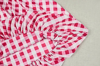 Cute Pink Checkered Mini Dress Square Neck Sleeveless Slim Waist Ruched Bubble Hem A-Line Summer Short Dress for Women