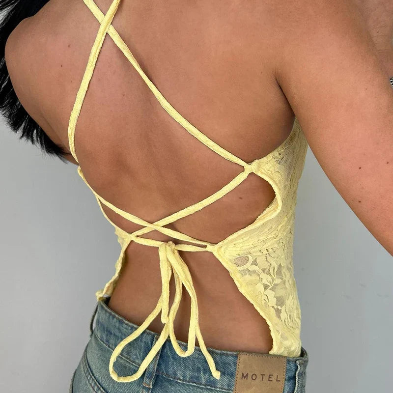 Sexy Lace Women Camisole Backless Lace-up Summer Beach Style Boho Chic Tank Top Y2K Fitted Cute Crop Top See Through