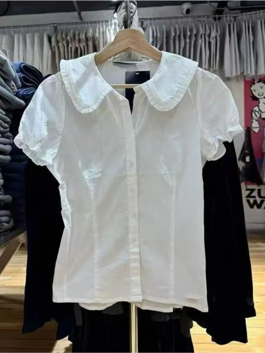 Pink Striped Peter pan Collar Blouse Women Casual Preppy Style Button Short Sleeve Tees Sweet Vintage Cute T-shirts Y2K Tops New